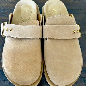 LIKE NEW. Only worn one time. Zara size 7.5 camel color suede buckle clogs.